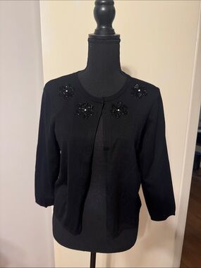 INC International Concepts Black Beaded Flower Cardigan Jacket